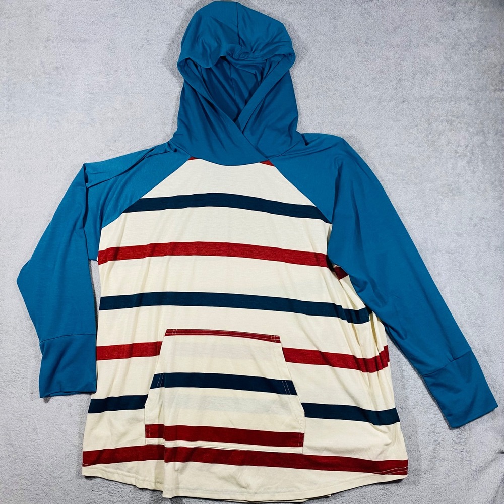 LuLaRoe Hoodie Women 3XL Blue Striped Raglan‎ Sleeve Kangaroo Pocket Lightweight